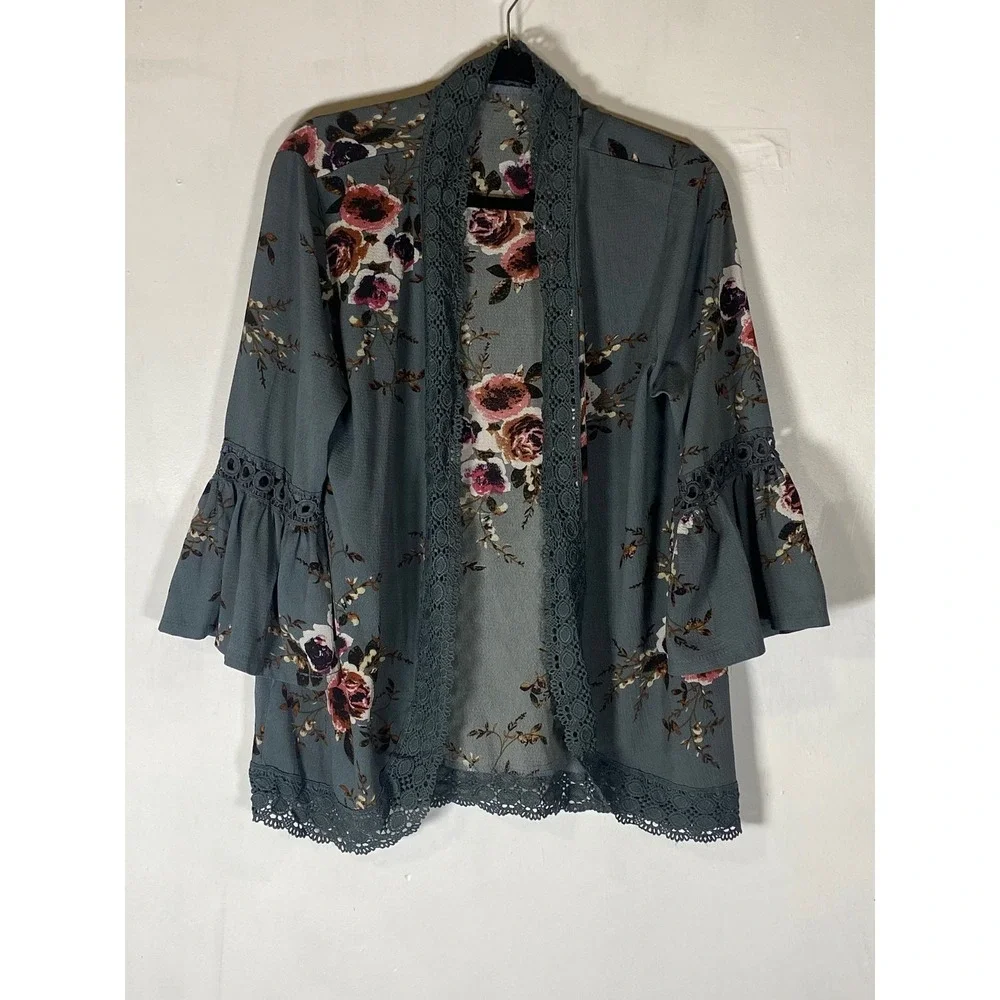 Dusty Blue‎ Floral Lace Trim Kimono Cardigan Bell Sleeve Boho Cottagecore L